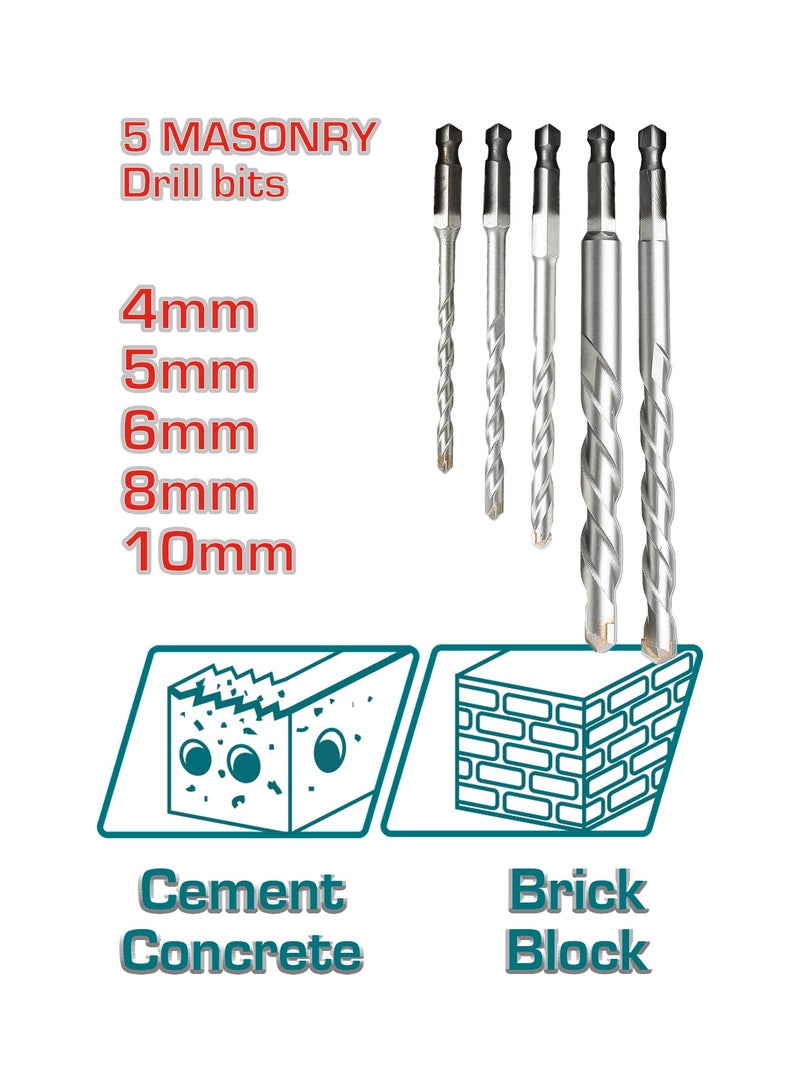 TOTAL 16 Piece Drill Bit Set, Hex Shank Metal Masonry Wood Drill Bits, 2mm-10mm Sizes, Includes 6 Metal, 5 Masonry, 5 Wood Bits, Double Blister Pack - Image 3